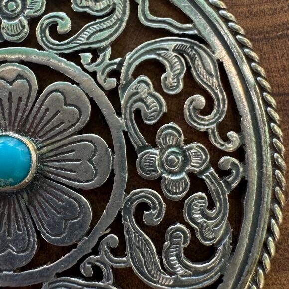 Vintage Sterling Silver Lotus Mandala Pendant Turquoise Boho Statement Festival - Picture 3 of 11